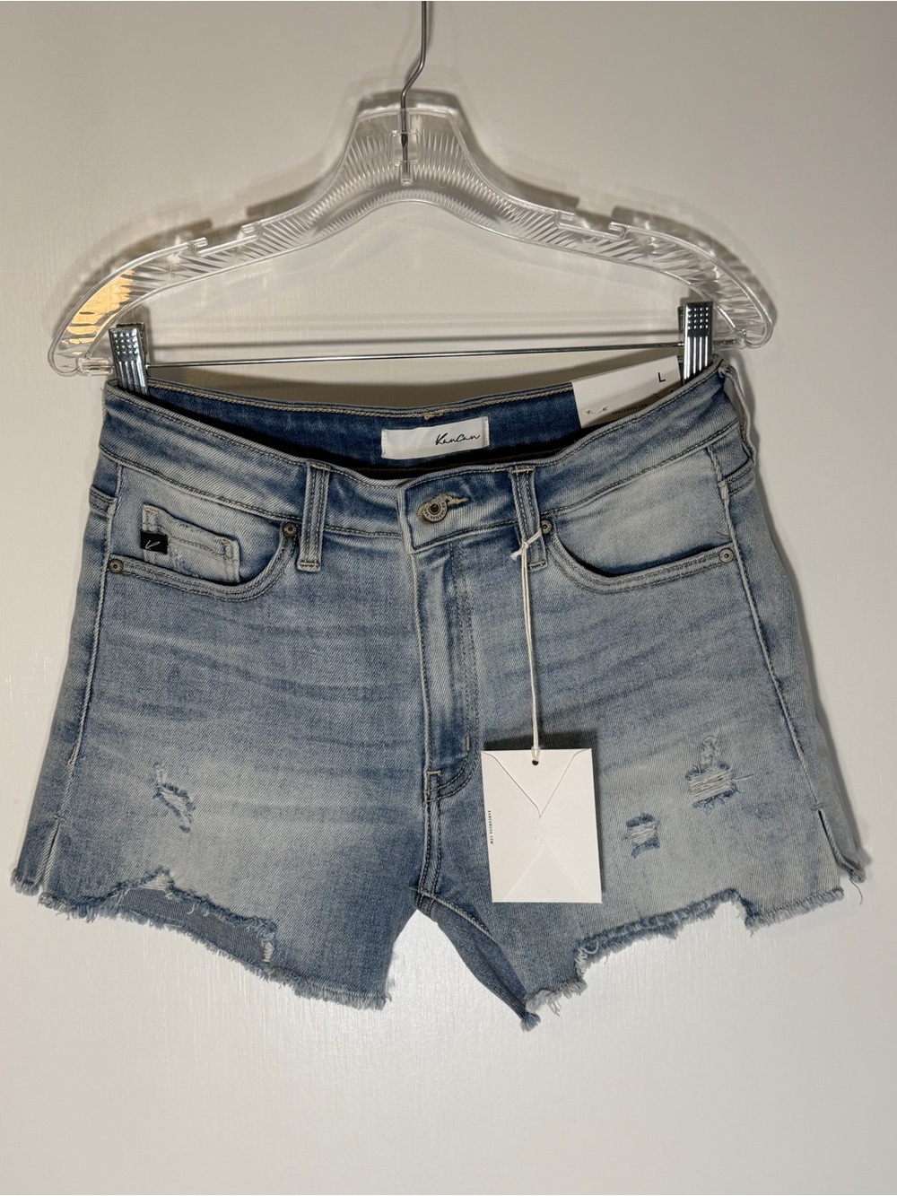 KanCan Light Blue Distressed Denim Shorts with Frayed Hem Size Large